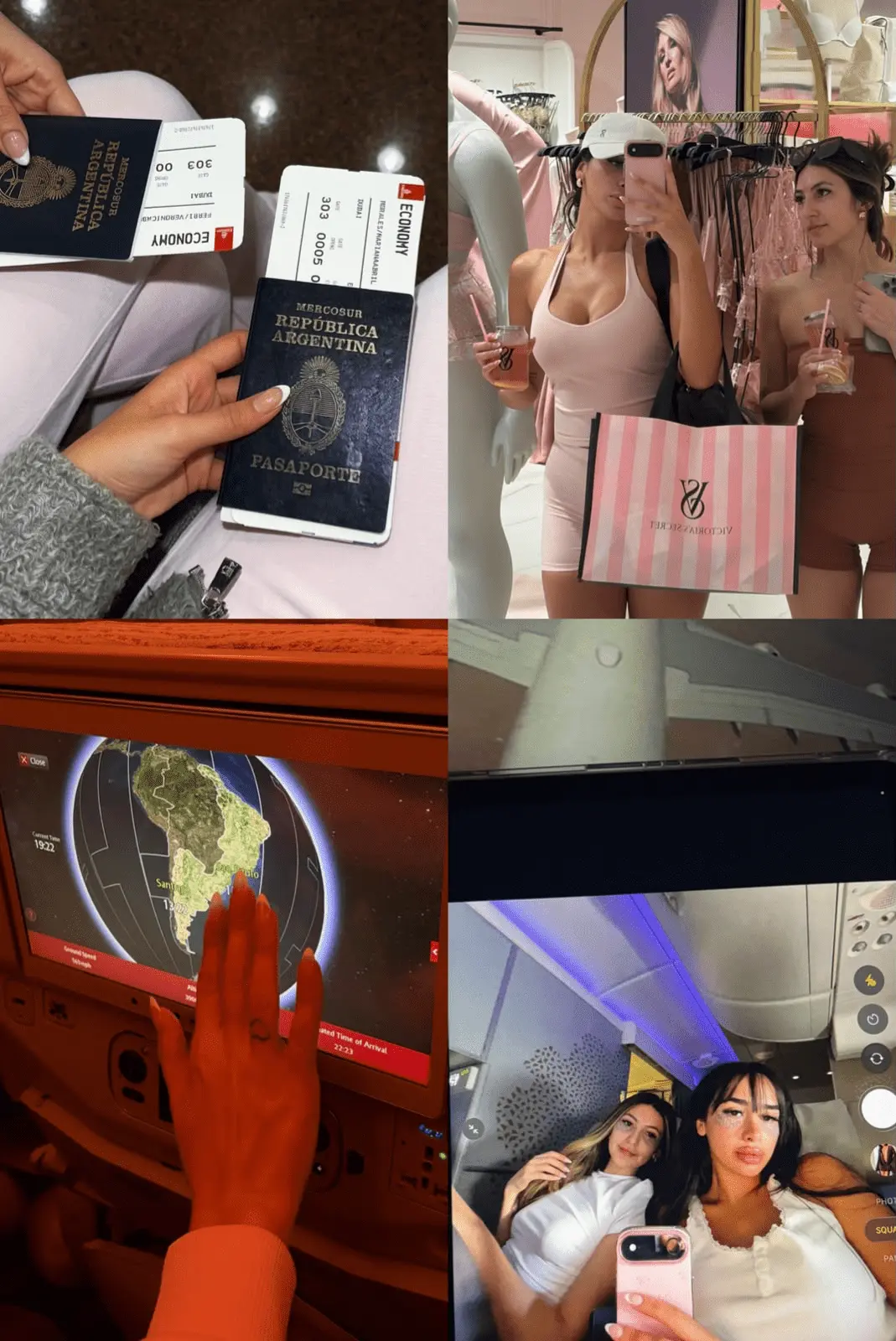 Collage de viaje: pasaportes, compras y avión